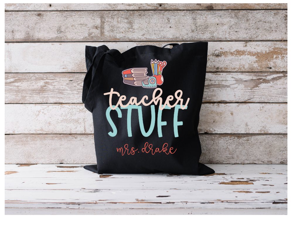 Teacher Stuff Personalized Teacher Transfer for Dark Tote